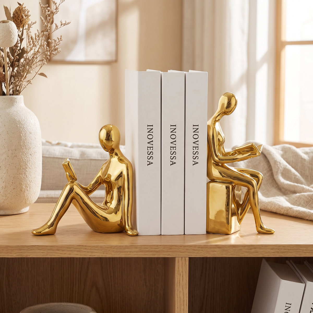 Solveng | Serre-livres avec figurines artistiques minimalistes polies