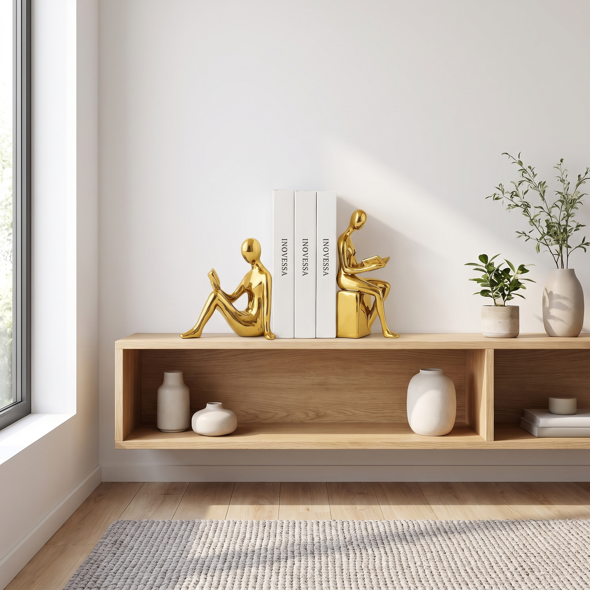 Solveng | Serre-livres avec figurines artistiques minimalistes polies