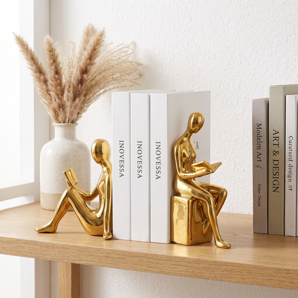 Solveng | Serre-livres avec figurines artistiques minimalistes polies
