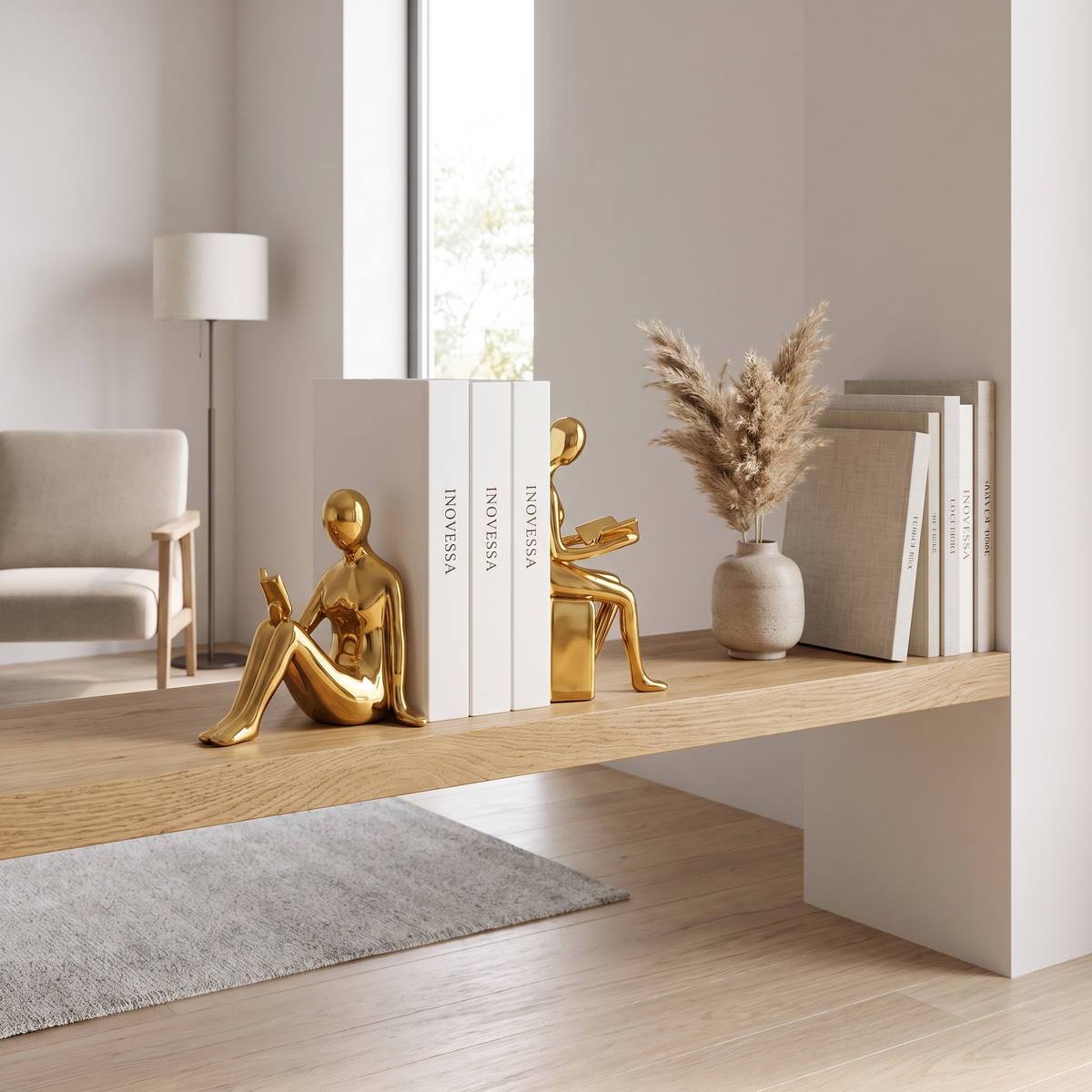 Solveng | Serre-livres avec figurines artistiques minimalistes polies